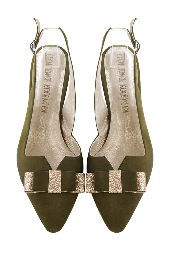Khaki green and gold women's open back shoes, with a knot. Tapered toe. Medium slim heel. Top view - Florence KOOIJMAN